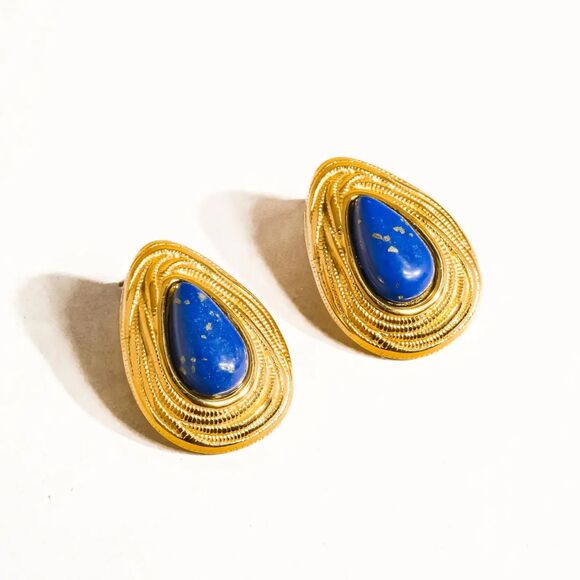 Thura 18K Gold Non-Tarnish Hypoallergenic Lapis Lazuli Droplet Earring - Picture 3 of 5